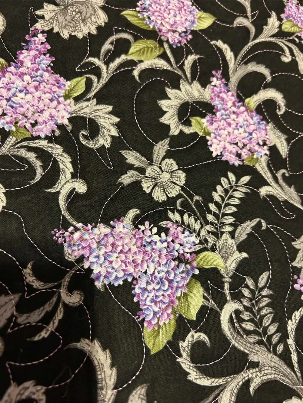 ONE OF A KIND- HANDCRAFTED Floral Quilt in Black, Lavender and Random Yellow
